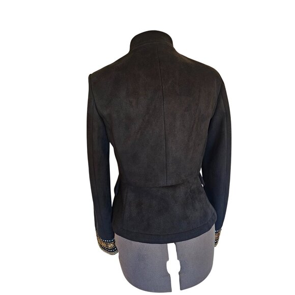 Zara Basic Black Faux Suede Jacket W/ Beaded Embellished Cuffs Hook & Eye Closur - Picture 3 of 13